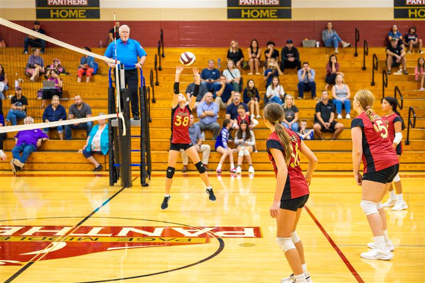 Student-athletes play volleyball